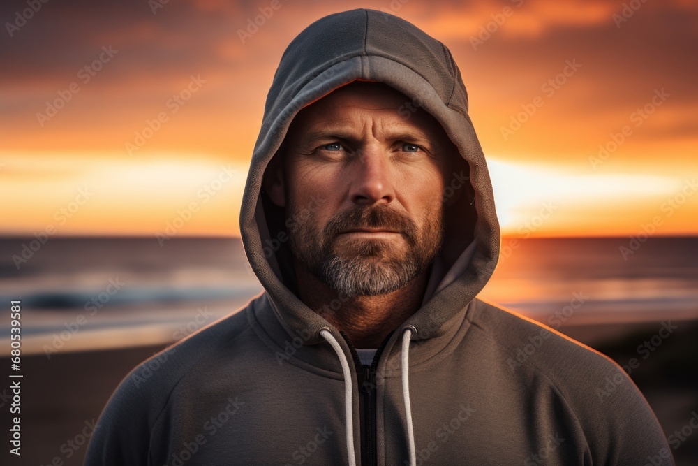 Canvas Prints Portrait of a content man in his 40s sporting a comfortable hoodie against a stunning sunset beach background. AI Generation