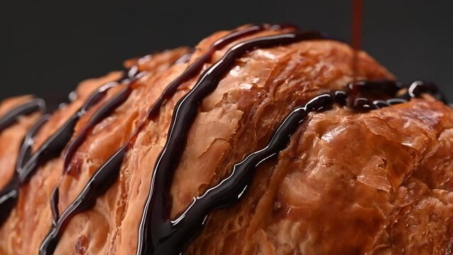 Dark chocolate is poured onto a French croissant with chocolate filling.