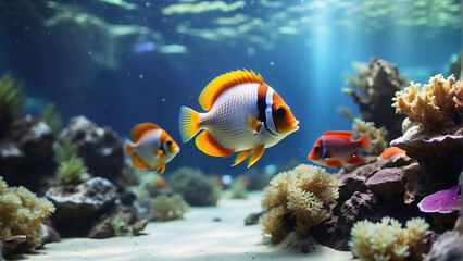 Beautiful colorful sea fish live in an aquarium among various algae and corals. Rare fish species in the aquarium. 