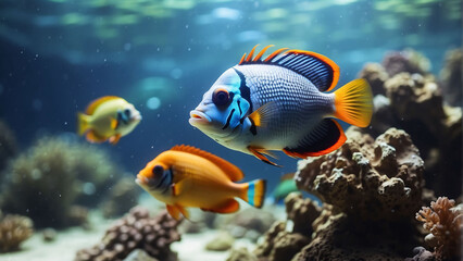 Naklejka na ściany i meble Beautiful colorful sea fish live in an aquarium among various algae and corals. Rare fish species in the aquarium. 