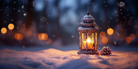 Christmas lantern on snow with fir branch at eve night, Winter decoration background, Christmas Card, generative ai - obrazy, fototapety, plakaty