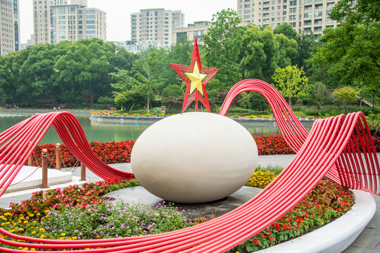 Shanghai China 11th Jun 2023: the statue of egg and a red star in front of Site of the First National Congress of the Chinese Communist Party.  It is located in the historical shikumen buildings.