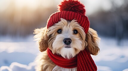 Dog cute wearing a knitted hat lying on the snow winter, generative ai