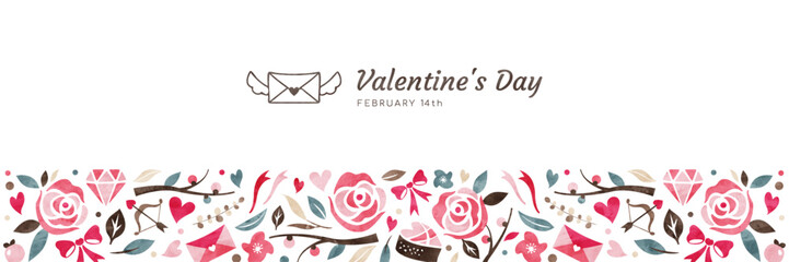 バレンタインの水彩背景バナー バラの花やプレゼントの飾り枠 - obrazy, fototapety, plakaty