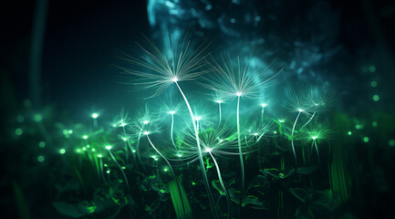 A digital image of a glowing green plant shape made of light rays and particles.