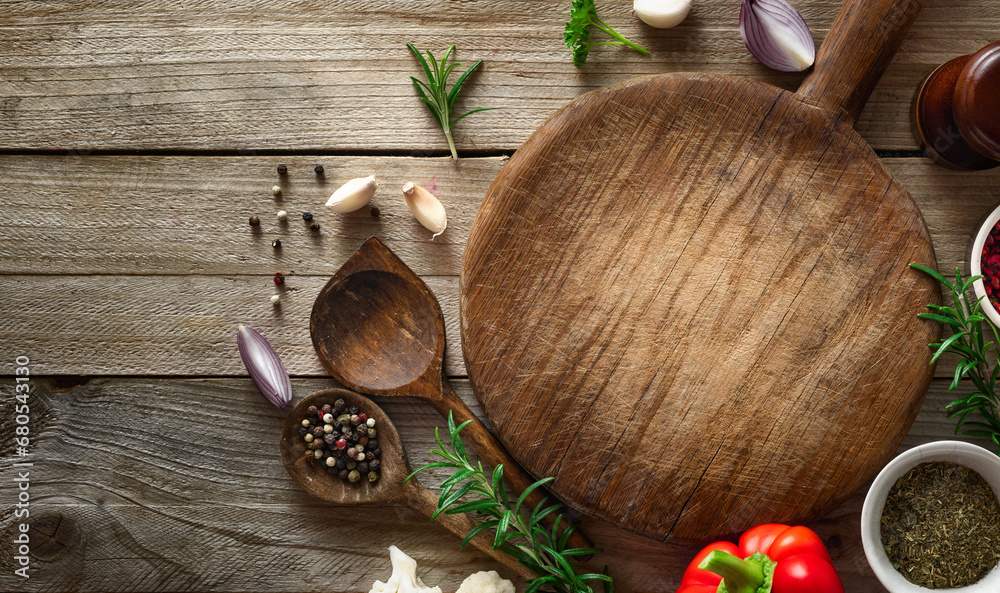 Poster menu background cutting board with spices and ingredients for preparation food top view