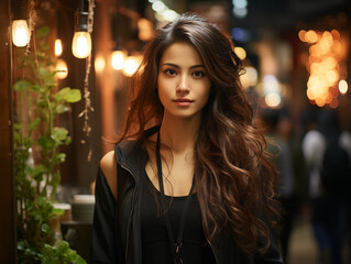 Fototapeta premium A pretty girl of mixed Asian-European appearance on an evening street.