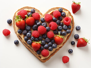 Heart shaped peanut butter sandwich with berries for Valentine's day on a white background isolated.