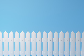 White wooden fence isolated over light blue background. 3D rendering.