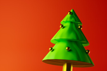 Christmas tree with decoration isolated over red background. Christmas concept. 3D rendering.