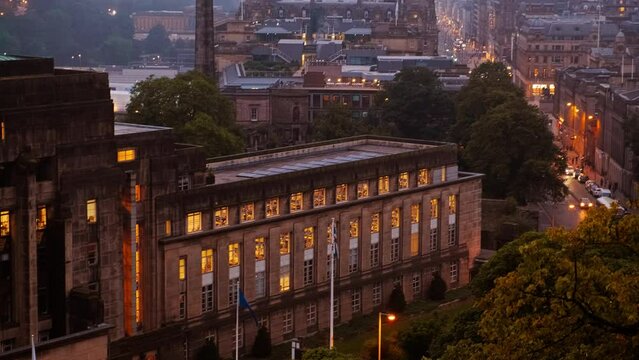 Dusk shot of Edinburgh, Scotland, UK, featuring the Old Town, New Town, Edinburgh Castle and Scottish Government building