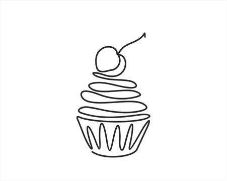 Cupcake with decoration and cherry continuous line drawing element isolated on white background for logo or decorative element. Vector illustration of sweet dessert form in trendy outline style.