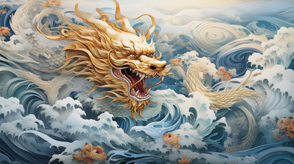 Fototapeta na wymiar Chinese style traditional dragon illustration flying through the clouds. This dragon is famous in Chinese folklore and culture.