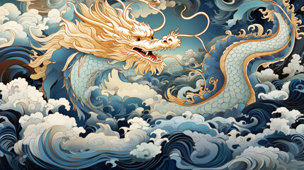 Chinese style traditional dragon illustration flying through the clouds. This dragon is famous in Chinese folklore and culture.