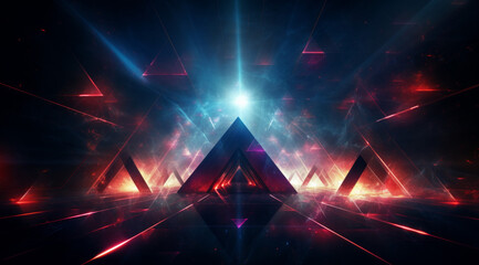 Neon blue light shines behind an abstract formation of an alien pyramid structure. - obrazy, fototapety, plakaty