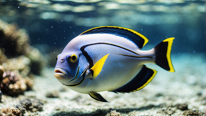 Fototapeta na wymiar Close up of a Surgeonfish swimming in the clear Ocean Natural Background with beautiful Lighting