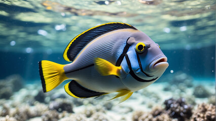 Fototapeta na wymiar Close up of a Surgeonfish swimming in the clear Ocean Natural Background with beautiful Lighting
