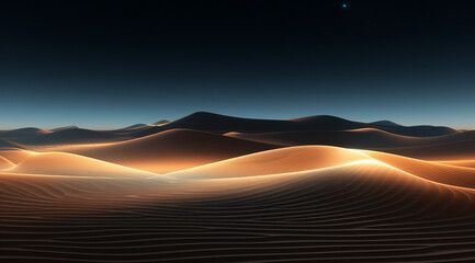 Abstract glowing orange lines sweep across serene blue sand dunes. - obrazy, fototapety, plakaty