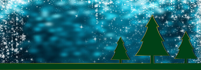 Eve New Year and Christmas winter Holidays, greeting card, bokeh, night, december, panoramic banner. Green Christmas tree on the blue background.