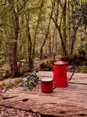 Cup of coffee or tea standing on the outdoor picnic table in the woods with sprig of holly. Christmas morning concept.