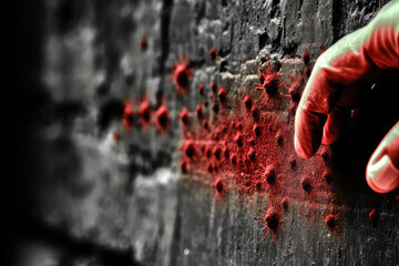 A visual representation of a contaminated hand touching a door handle, illustrating the potential for surface transmission of viruses. The image serves as a reminder to practice hand hygiene and regul