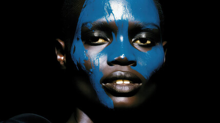 An artistic and captivating portrayal of a beauty woman adorned in blue gold skin color body paint with gold makeup on her lips and eyelids. The image celebrates the creativity and artistry of body pa