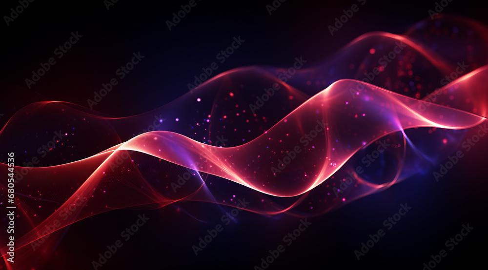 Poster Abstract undulating sound waves in red and blue with a glowing neon effect.