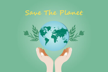 Happy earth day template. Earth and hands. Environmental problems and environmental protection concept. Vector illustration.