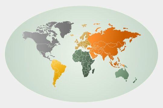 Vector world map in oval shape. Green and orange colors.
