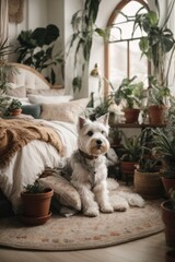 A beautiful white West Highland White Terrier dog in a cozy bright bedroom with lots of boho-style plants lies on the carpet on the floor near the window.