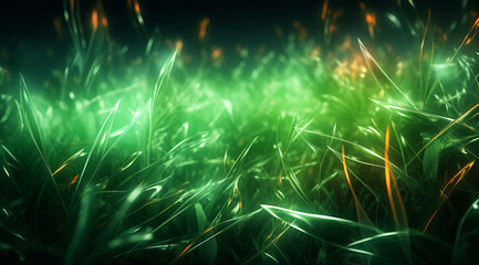 Fototapeta na wymiar An abstract scene of glowing neon green grass under a cosmic sky.
