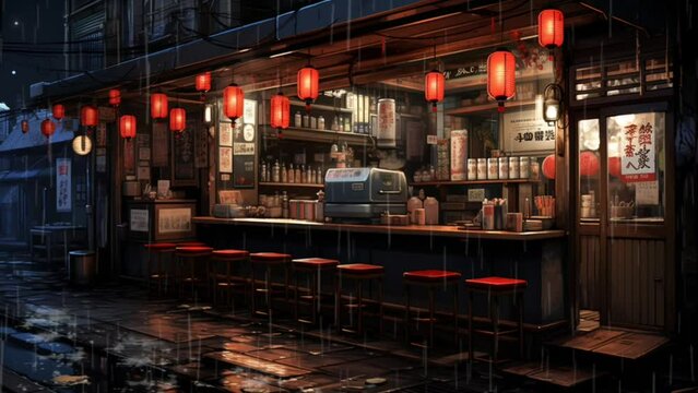 Lofi anime rainy restaurant. Night ramen restaurant animation. japanese street food. seamless looping time-lapse virtual 4k video animation background. Generated with AI