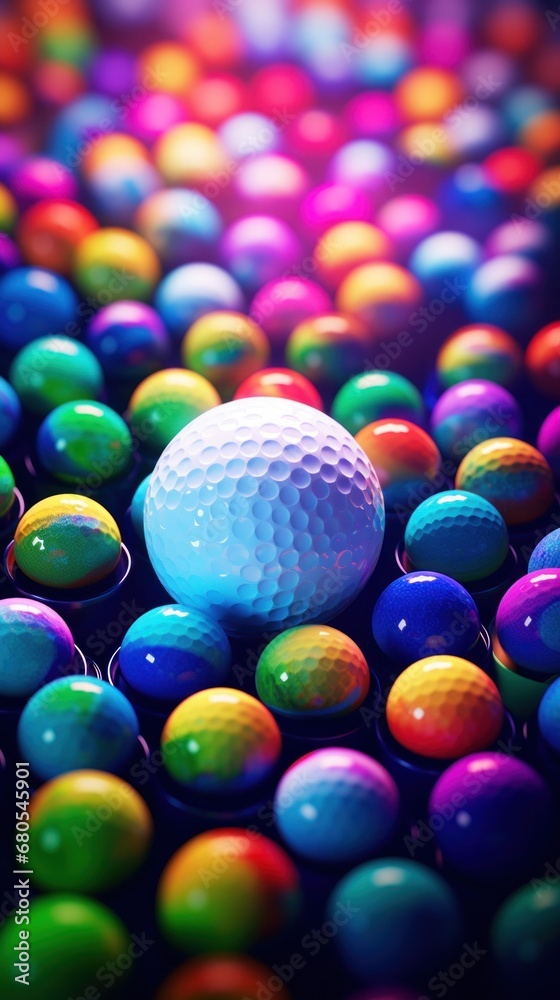 Sticker Golf ball in a pool of colorful balls, AI