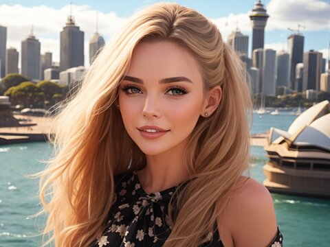 Australian young blonde woman portrait in city background