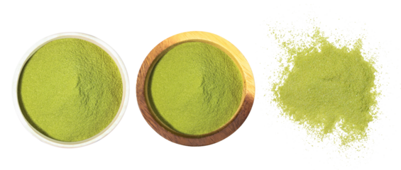 Closeup top view pile of instant matcha green tea powder in white ceramic bowl, wooden bowl and a single pile on white background. 