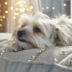 Closeup ona a cute white hairy dog lying on a white sofa