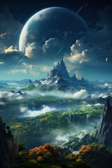 Fantastic landscape with earth and clouds. AI Generative