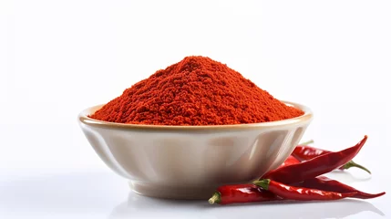 Afwasbaar Fotobehang Hete pepers A chilli powder in the bowl in the white background. Made with generative ai