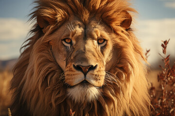 Fototapeta premium Adult Lion king in african savannah. Created with Generative AI