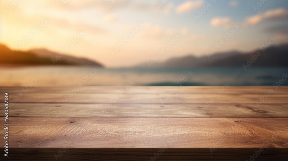 Wall mural The empty wooden table top with blur background of sea on sunrise, Advertisement, Print media, Illustration, Banner, for website, copy space, for word, template, presentation