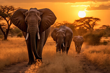 Fototapeta na wymiar Adult elephant on african savannah in sunset. Created with Generative AI