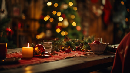 Empty wooden table in cozy festive Christmas home setting, Christmas and New Year, against the background of a decorated Christmas tree, generative ai