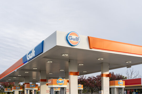 A Gulf Oil gas station in Philadelphia, PA, USA, November 4, 2023. Gulf Oil is one of the leading providers in fuel retail stations. 
