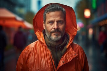 Portrait of a tender man in his 40s wearing a vibrant raincoat against a vibrant market street background. AI Generation