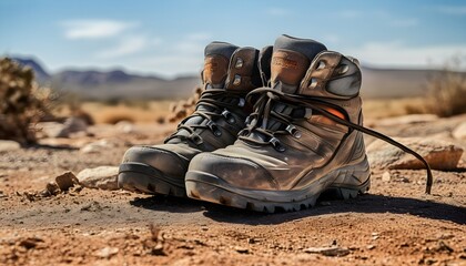 Naklejka premium A pair of well-worn hiking boots standing at a crossroads in a desert landscape generative ai
