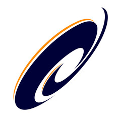 A logo for a company featuring a spiral design in dark blue and orange shades on white backdrop