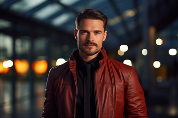 Fototapeta premium Portrait of a merry man in his 30s wearing a trendy bomber jacket against a sophisticated corporate office background. AI Generation