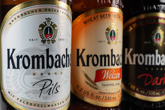 Dnipro, Ukraine, 18 oct, 2023: Variety of Krombacher Weizen Pils Dark beer.