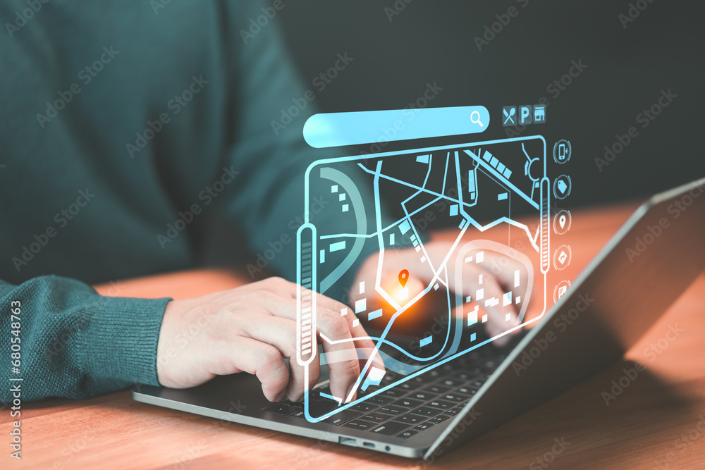 Aufkleber Man searching for shop and restaurant information in city map from the laptop. Concept of SEO search networking, Searching browsing internet data information and technology from computer..