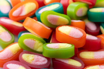 Tasty colorful jelly candies as background, above view